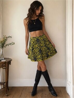 Maeve Anthropologie Yellow & Navy Damask Jacquard Skater Skirt NWT Size Medium